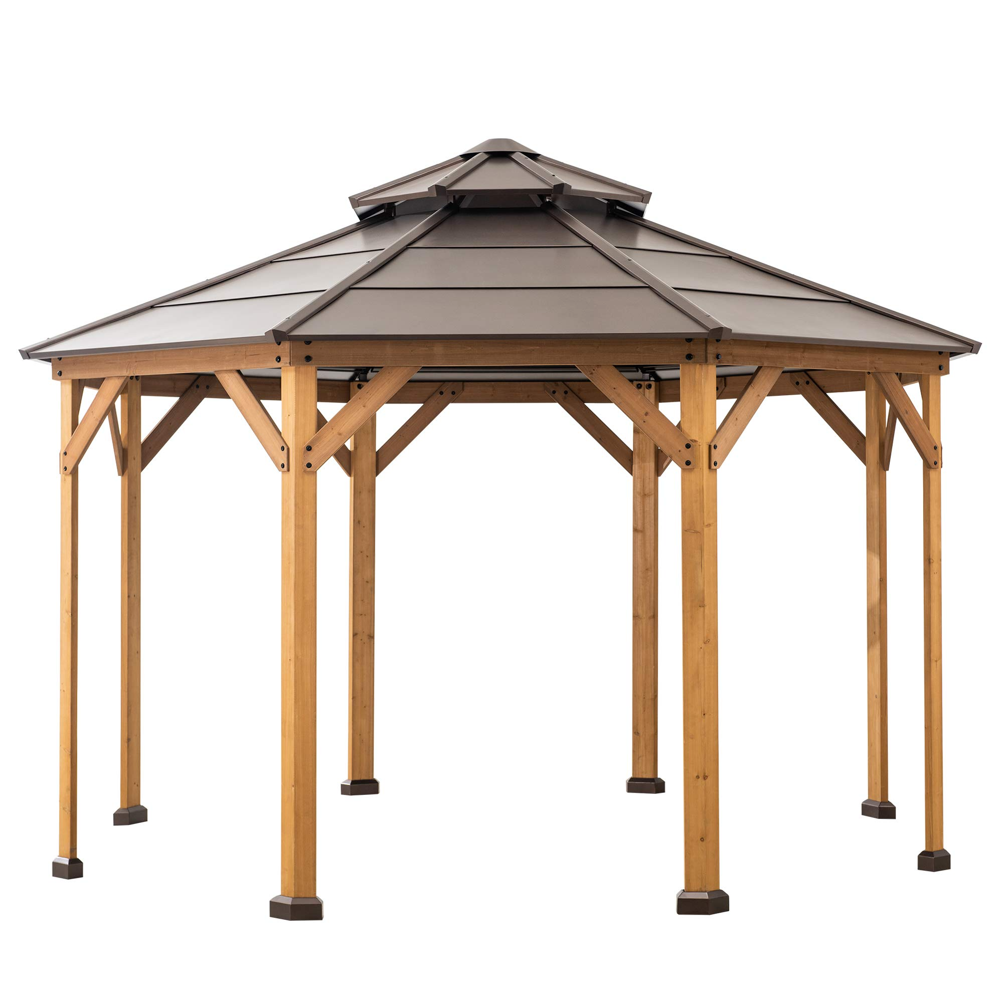 【Gazebo】13x13 Cedar Framed Octagon Wood Gazebo with Brown Double Tiered Steel Hardtop Roof & Ceiling Hook