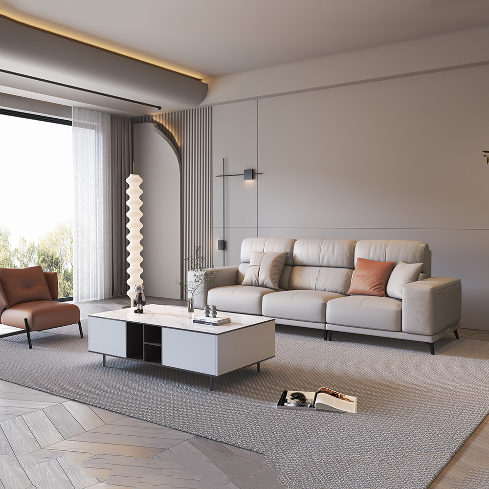 110'' Modern Leather Section Sofa with Doll Cotton Bags, Metal Legs, Gray, Skin Friendly Fabric, For Living Room