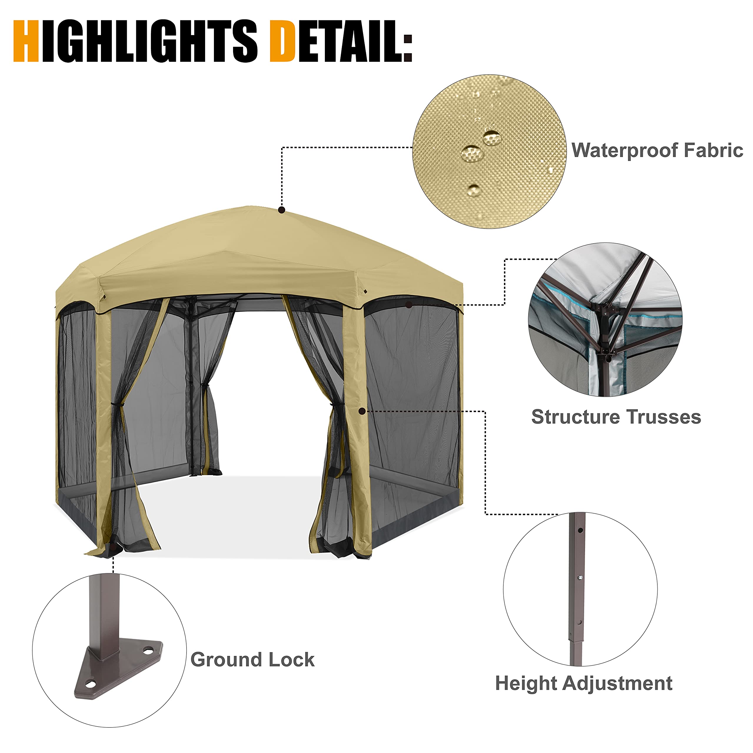 【Gazebo】Pop Up Gazebo 6 Sided Screened Canopy Tent Outdoor Screen House(Beige)