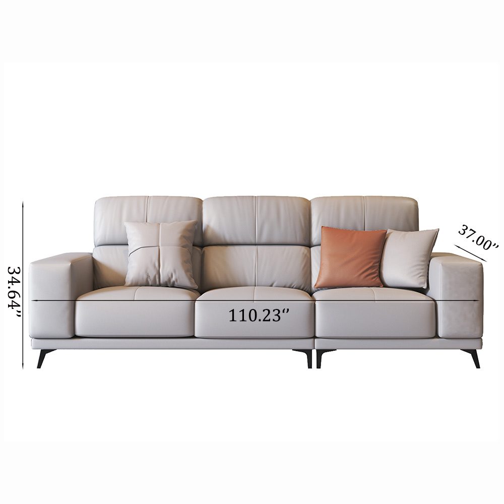 110'' Modern Leather Section Sofa with Doll Cotton Bags, Metal Legs, Gray, Skin Friendly Fabric, For Living Room