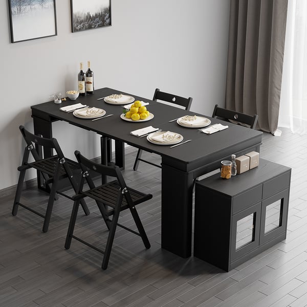 Extendable Dining Table Set Rectangle Storage Sideboard with 4 Chairs