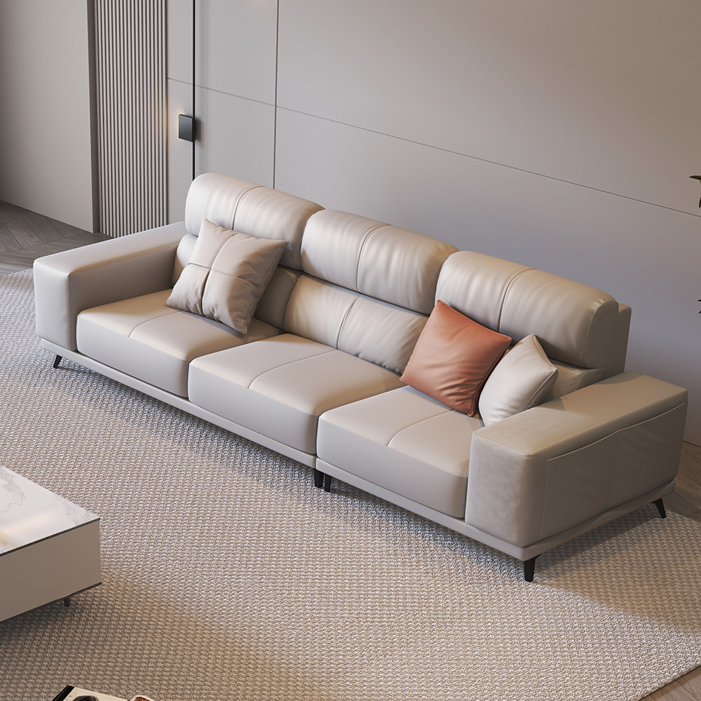 110'' Modern Leather Section Sofa with Doll Cotton Bags, Metal Legs, Gray, Skin Friendly Fabric, For Living Room