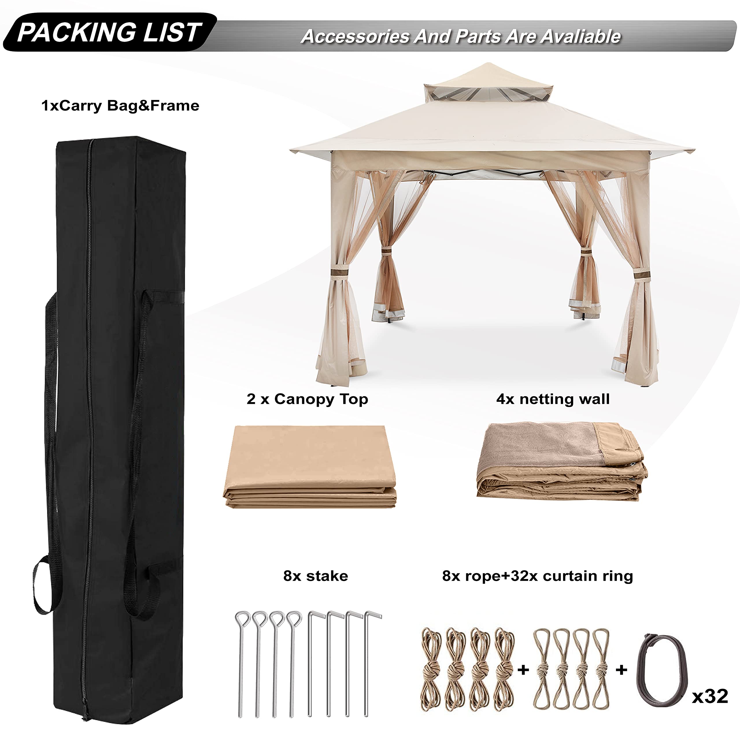 【Gazebo】13'x13' Gazebo Tent Outdoor Pop up Gazebo Canopy Shelter with Nets, Brown