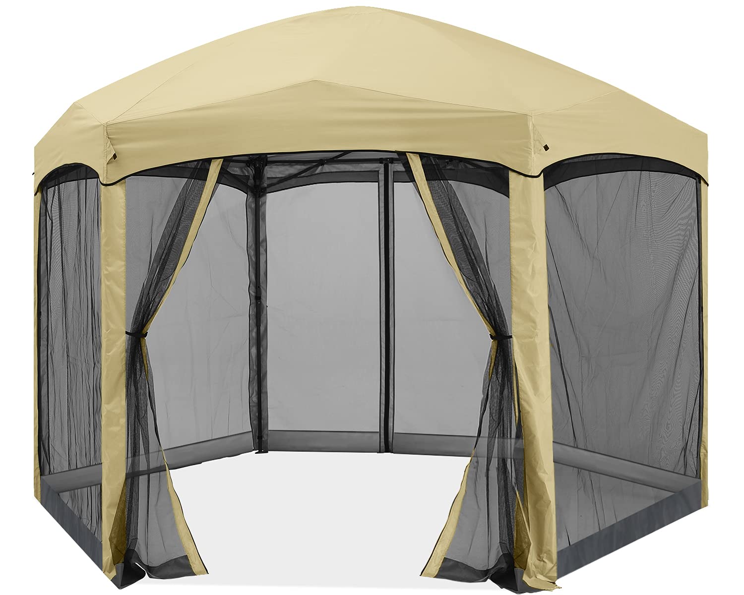 【Gazebo】Pop Up Gazebo 6 Sided Screened Canopy Tent Outdoor Screen House(Beige)