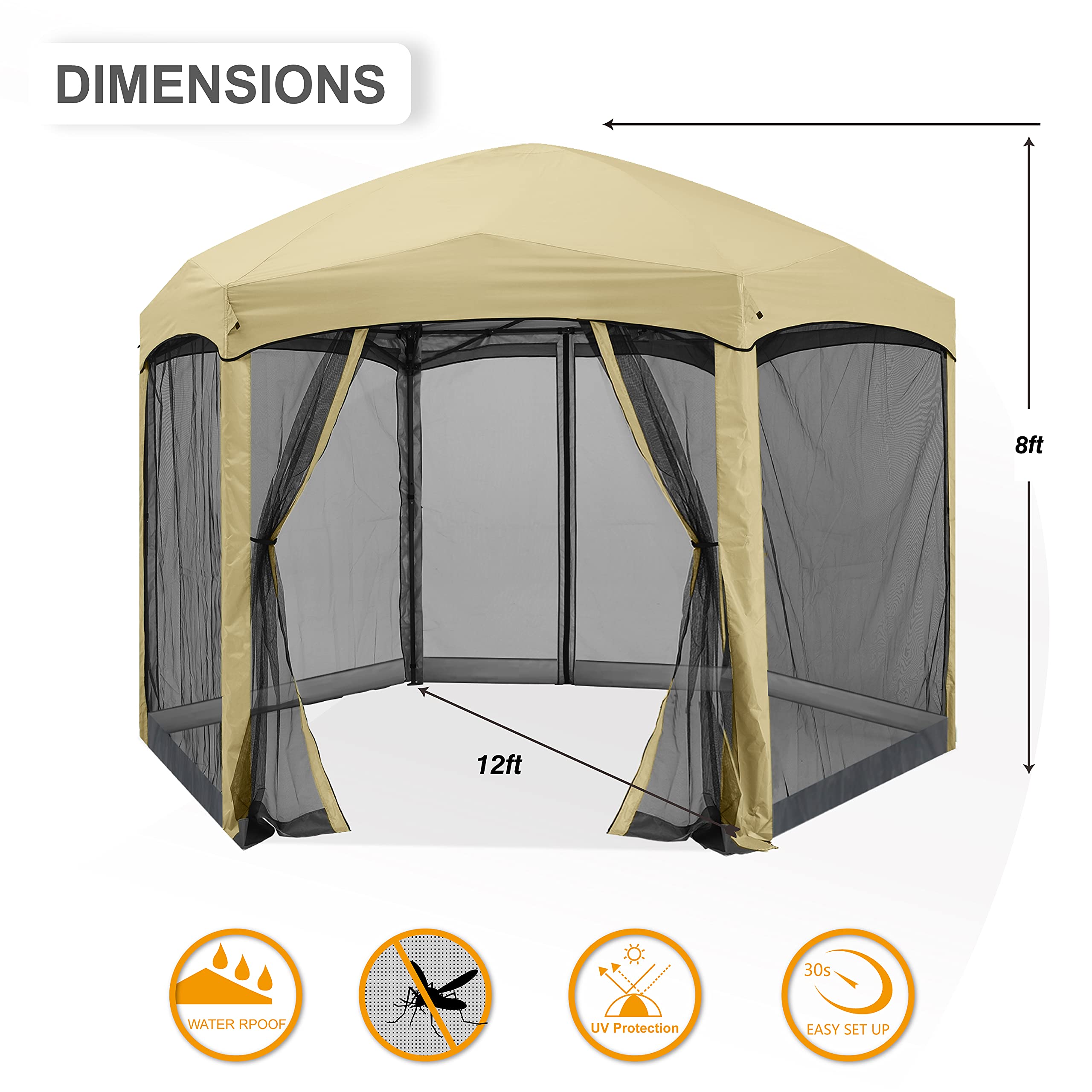 【Gazebo】Pop Up Gazebo 6 Sided Screened Canopy Tent Outdoor Screen House(Beige)