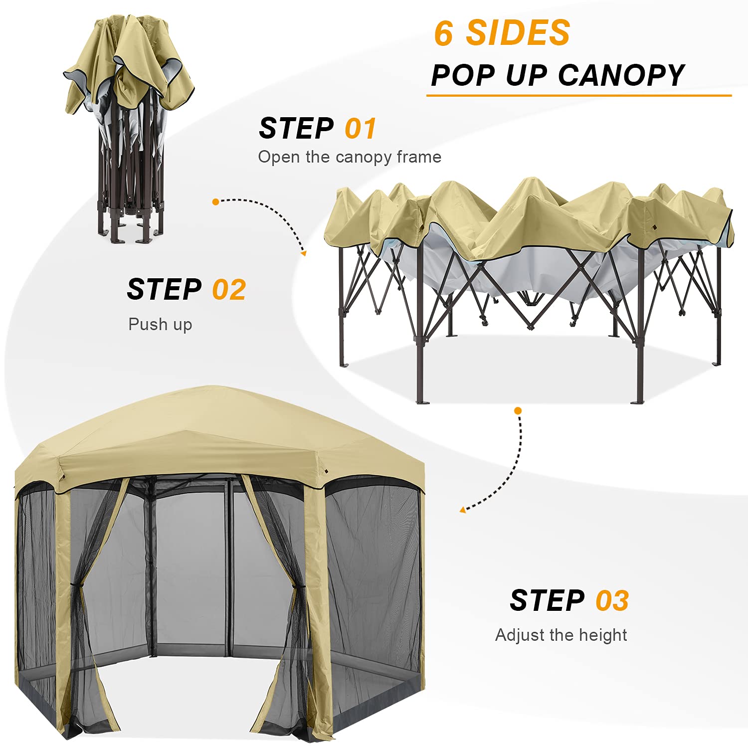 【Gazebo】Pop Up Gazebo 6 Sided Screened Canopy Tent Outdoor Screen House(Beige)