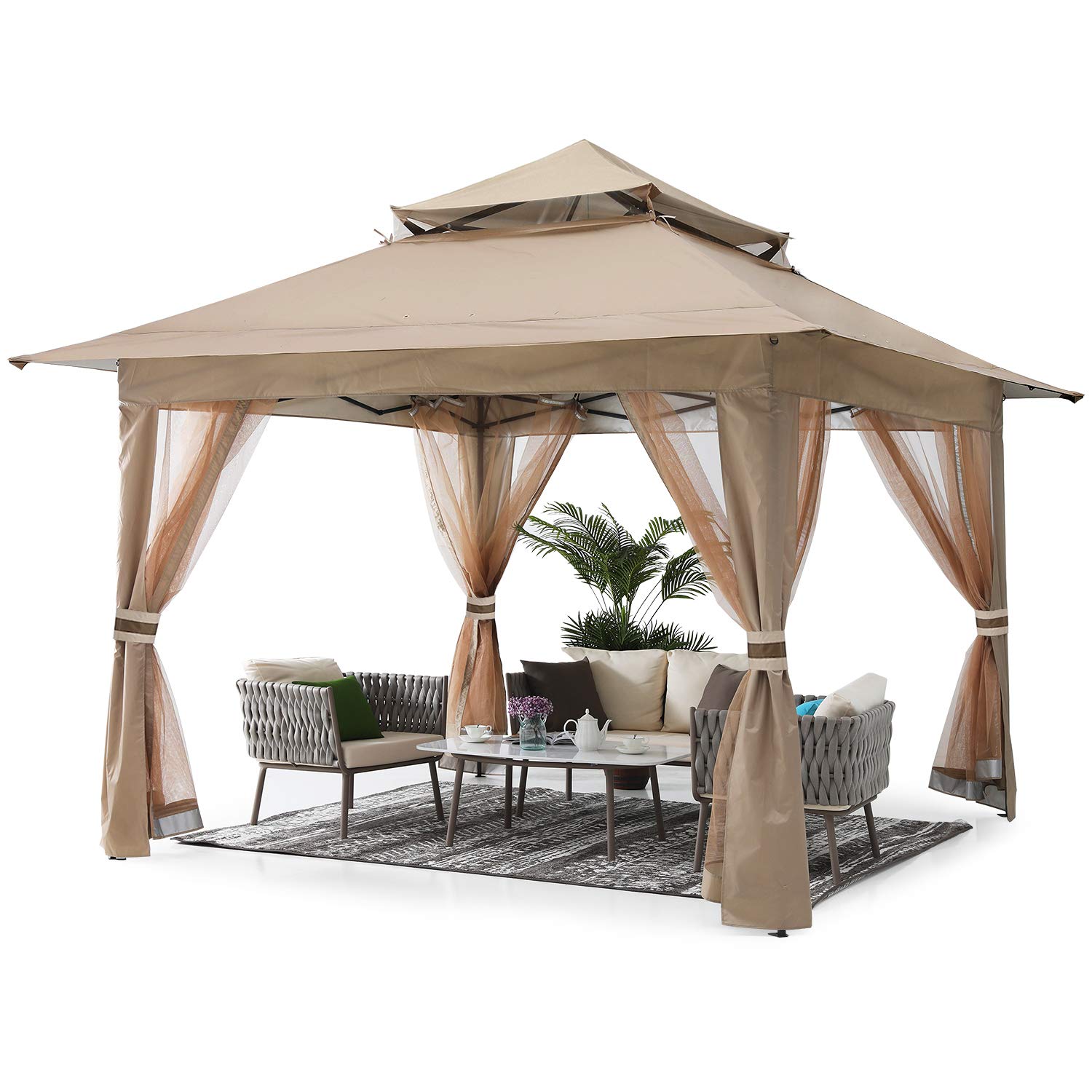 【Gazebo】13'x13' Gazebo Tent Outdoor Pop up Gazebo Canopy Shelter with Nets, Brown