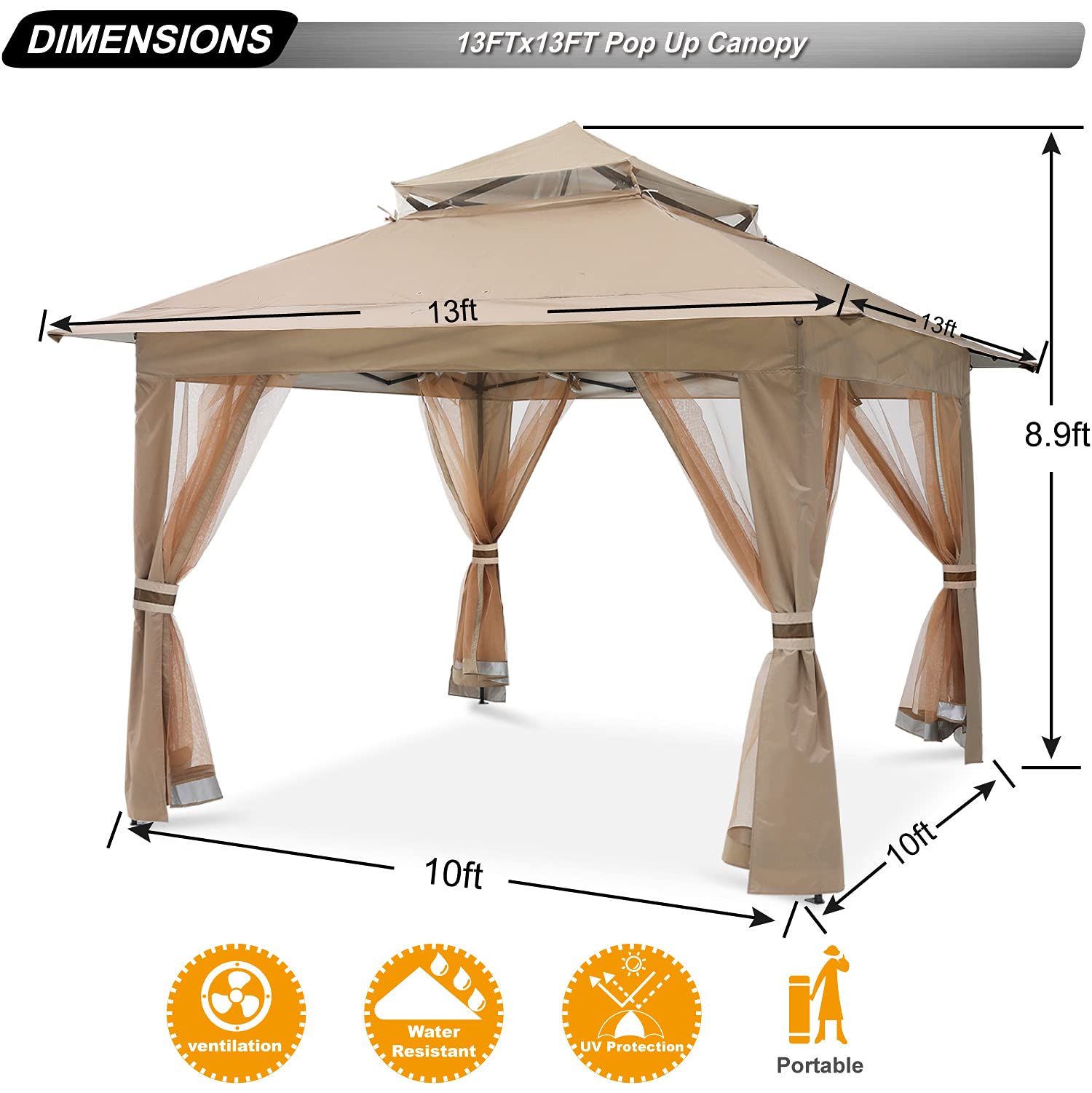【Gazebo】13'x13' Gazebo Tent Outdoor Pop up Gazebo Canopy Shelter with Nets, Brown