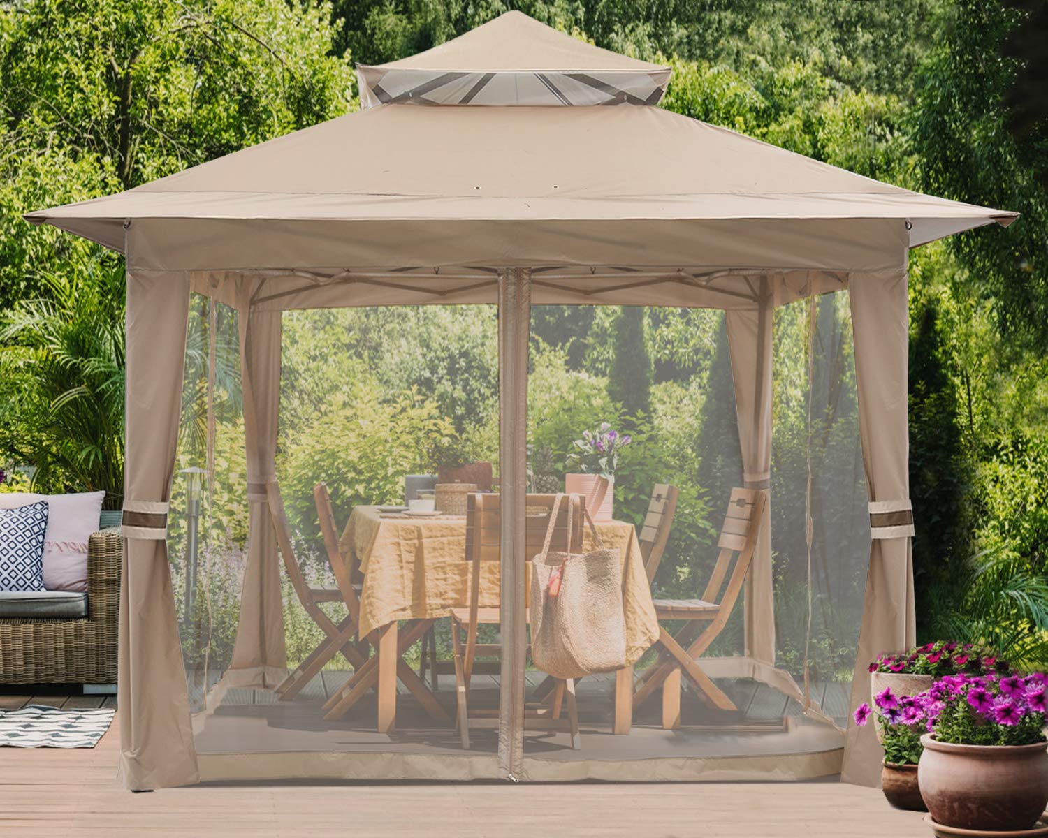 【Gazebo】13'x13' Gazebo Tent Outdoor Pop up Gazebo Canopy Shelter with Nets, Brown