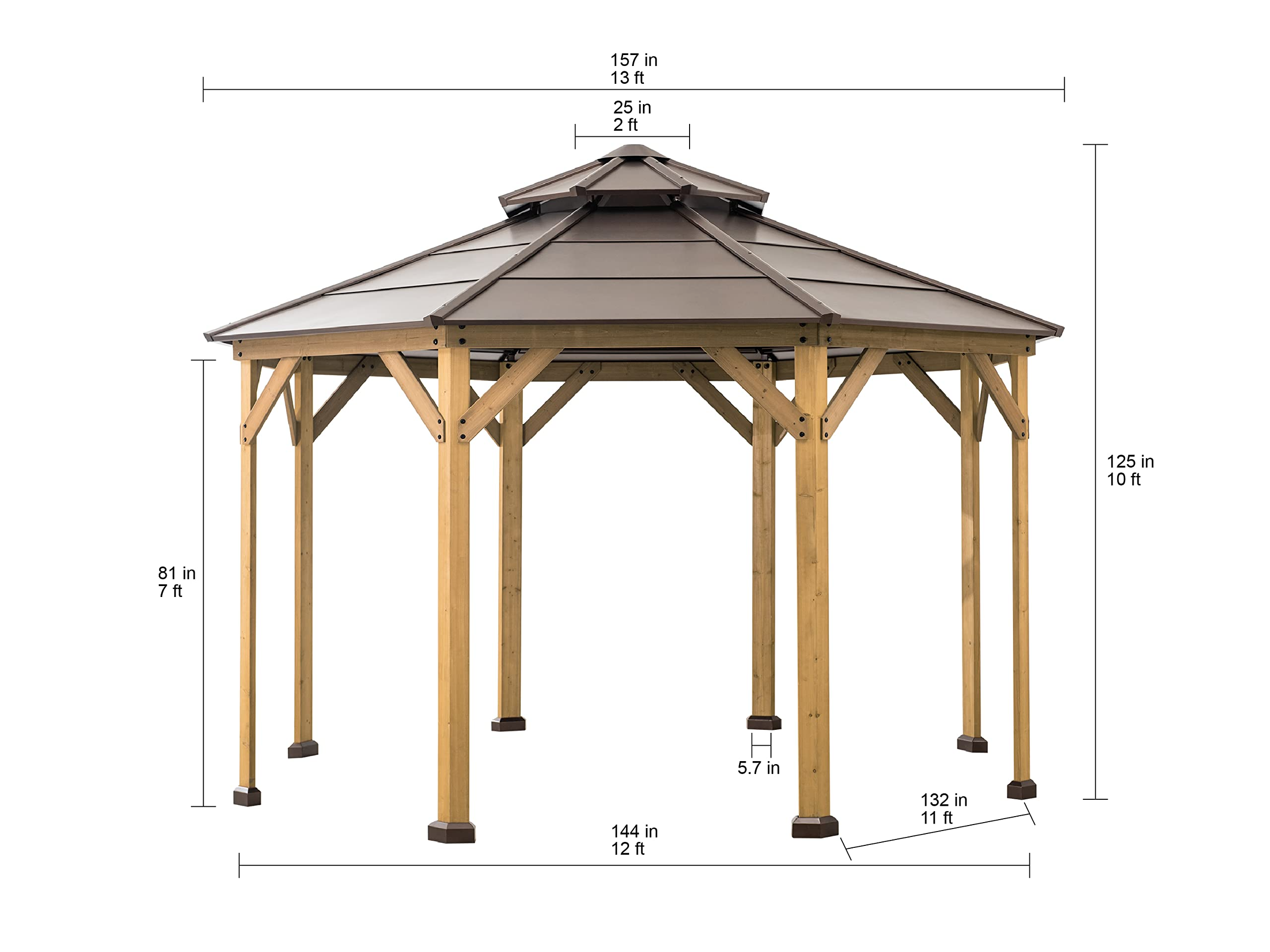【Gazebo】13x13 Cedar Framed Octagon Wood Gazebo with Brown Double Tiered Steel Hardtop Roof & Ceiling Hook