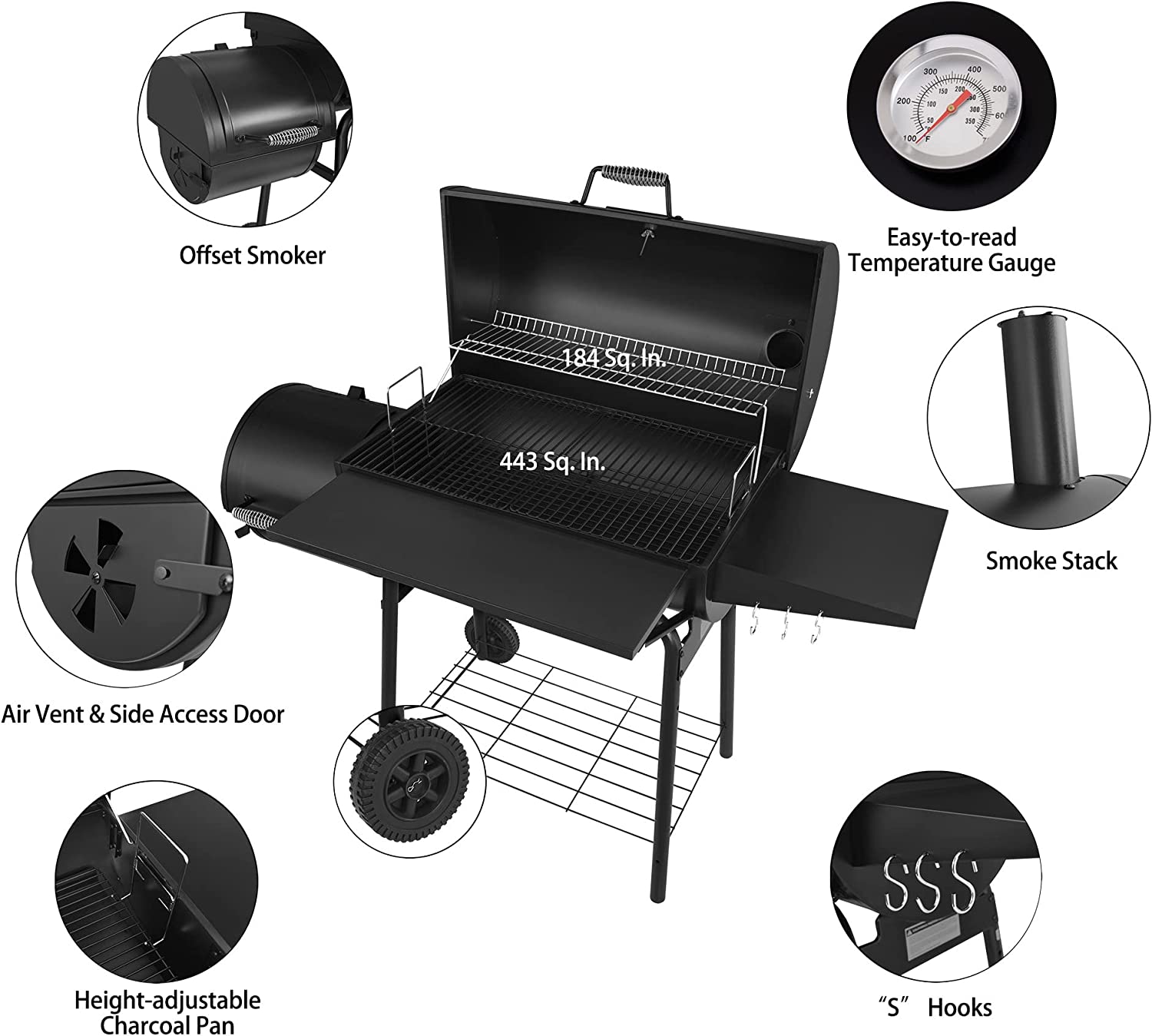Royal Gourmet CC1830SC Charcoal Grill Offset Smoker with Cover, 811 Square Inches, Black, Outdoor Camping