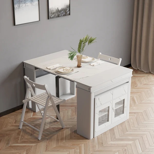 Extendable Dining Table Set Rectangle Storage Sideboard with 4 Chairs