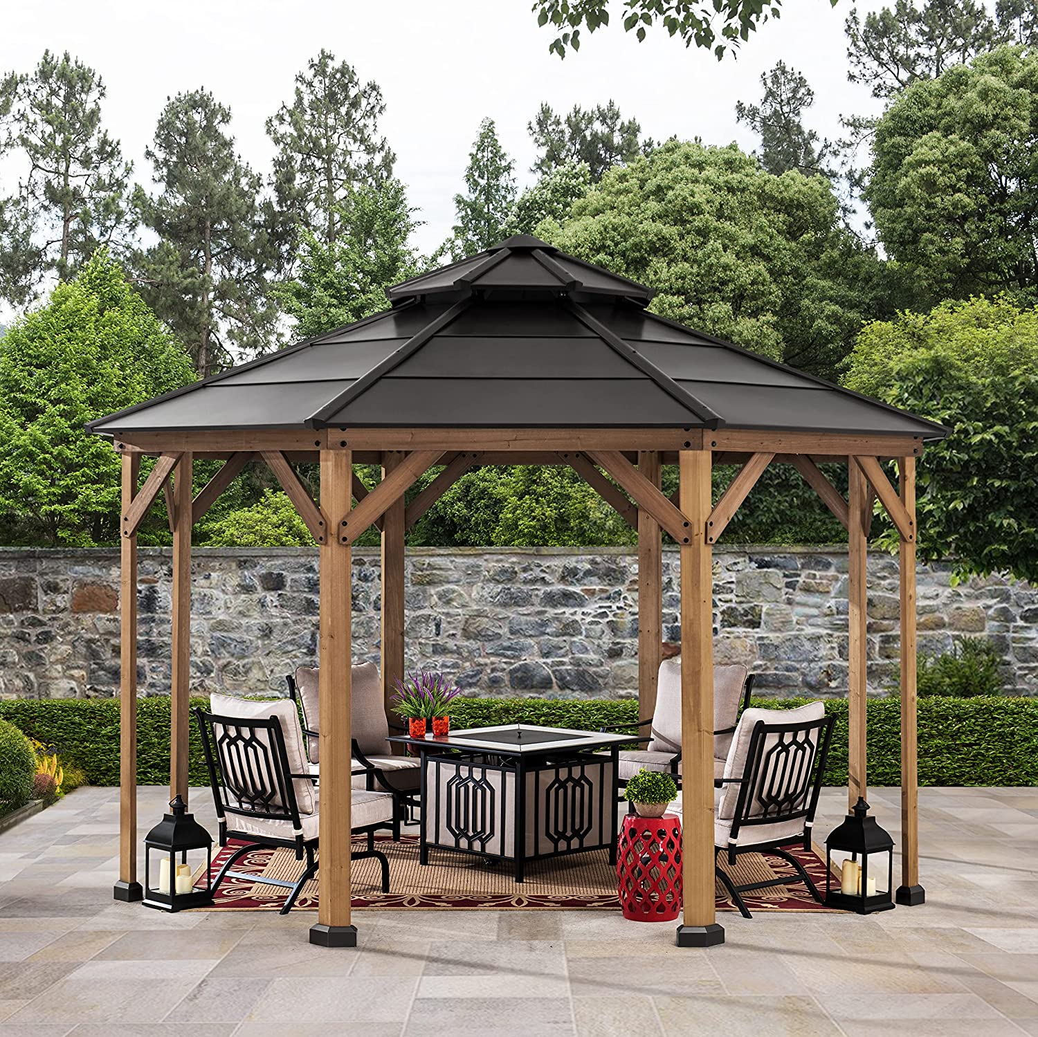 【Gazebo】13x13 Cedar Framed Octagon Wood Gazebo with Brown Double Tiered Steel Hardtop Roof & Ceiling Hook
