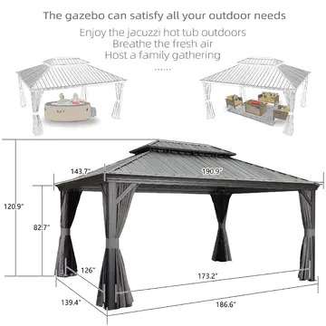 【Gazebo】12' X 16' Permanent Outdoor Hardtop Gazebo，Nettings and Curtains Included