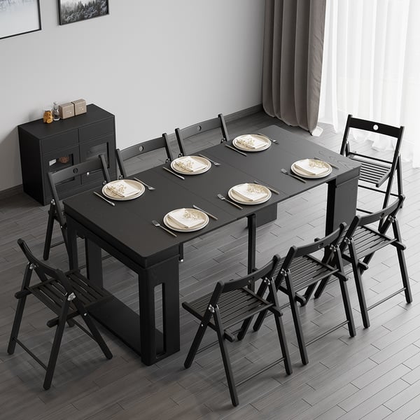 Extendable Dining Table Set Rectangle Storage Sideboard with 4 Chairs