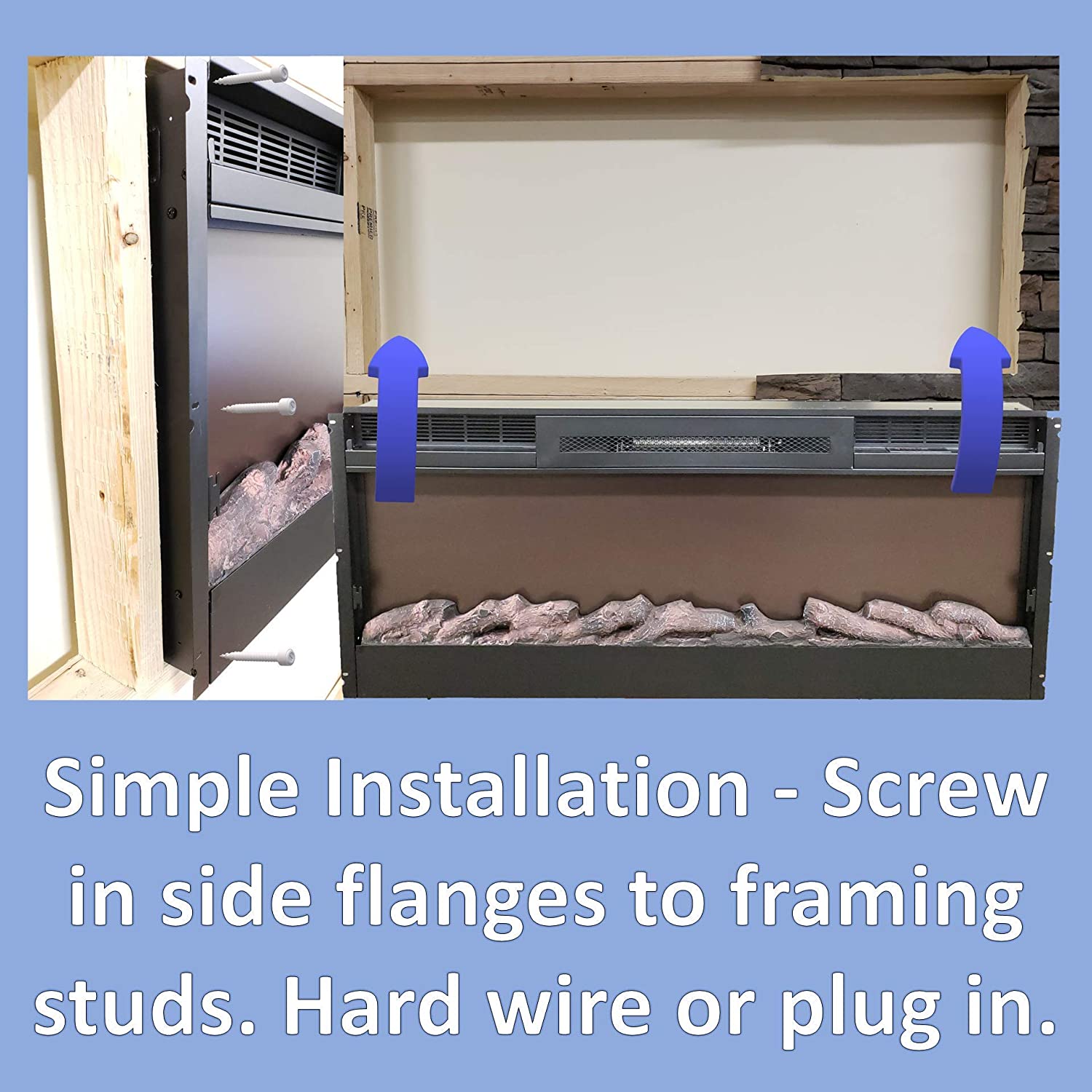 Touchstone 80004 - The Sideline Electric Fireplace - 50 Inch Wide - in Wall Recessed - 5 Flame Settings - Realistic 3 Color Flame - 1500/750 Watt Heater - (Black) - Log & Crystal Hearth Options